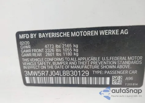 2020 BMW 330I xDrive z USA, uszkodzony, nr VIN 3MW5R7J04L8B30129